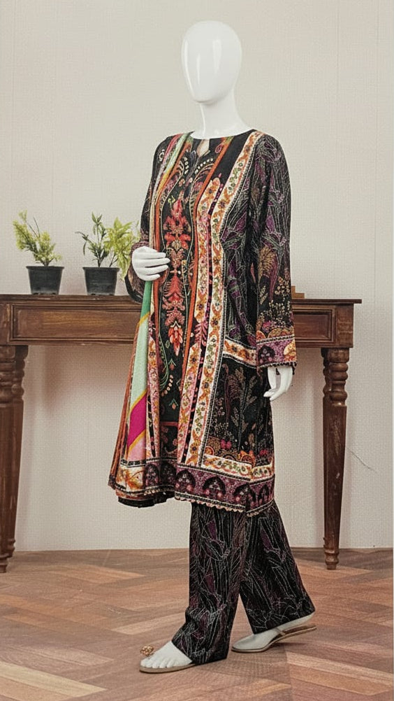 Mannequin wearing a patterned outfit with a wooden table and plants in the background