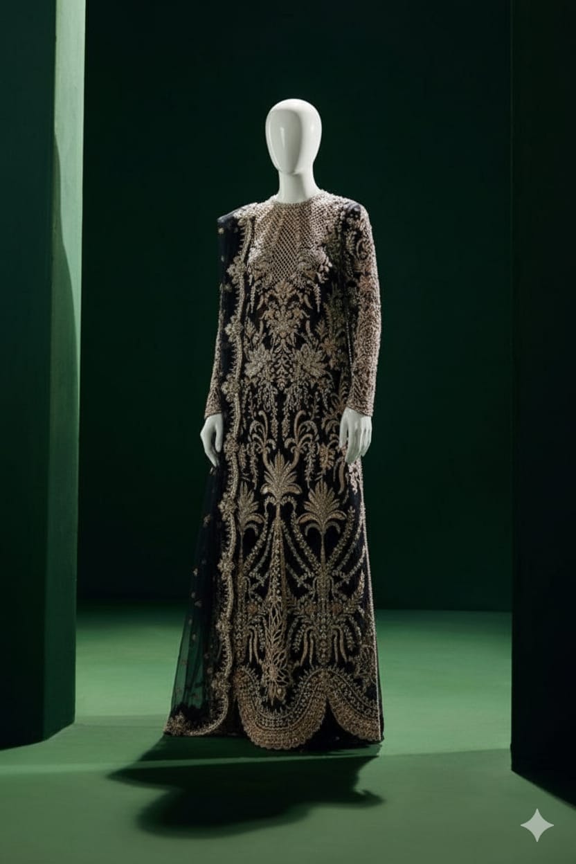 Mannequin wearing a detailed evening gown against a dark background