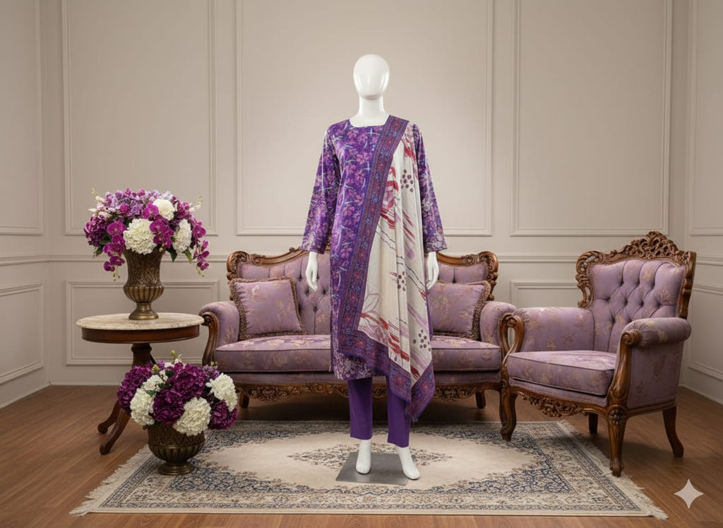 Unstitched Printed Linen 3 Piece Suit D2