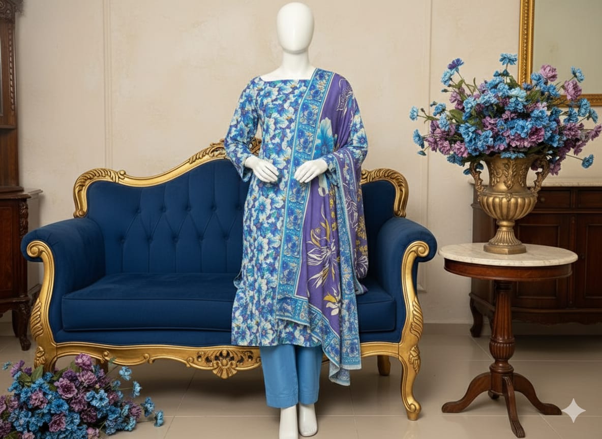 Unstitched Printed Linen 3 Piece Suit D1